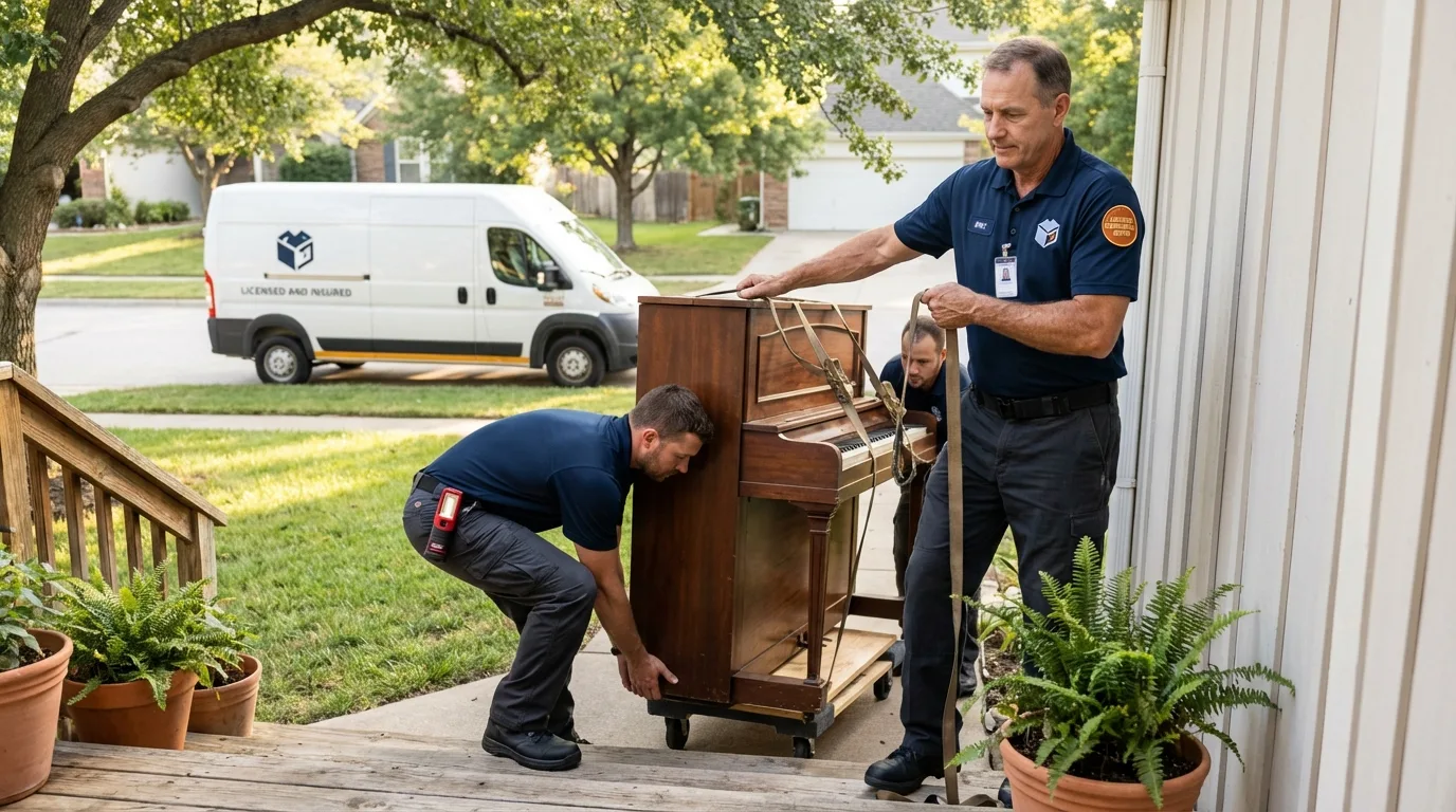 Licensed piano movers securing grand piano in Petersburg, VA
