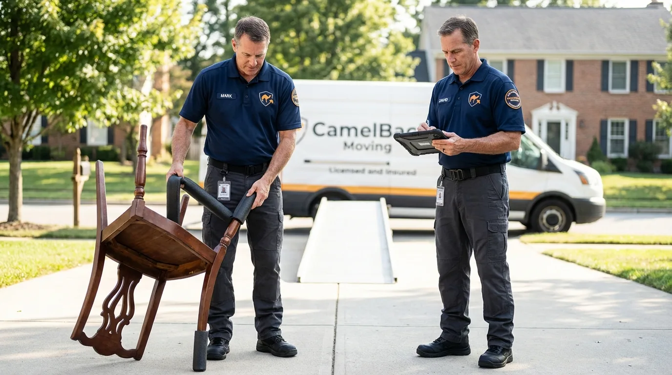 Movers inspecting furniture for damage prevention before loading in Petersburg, VA