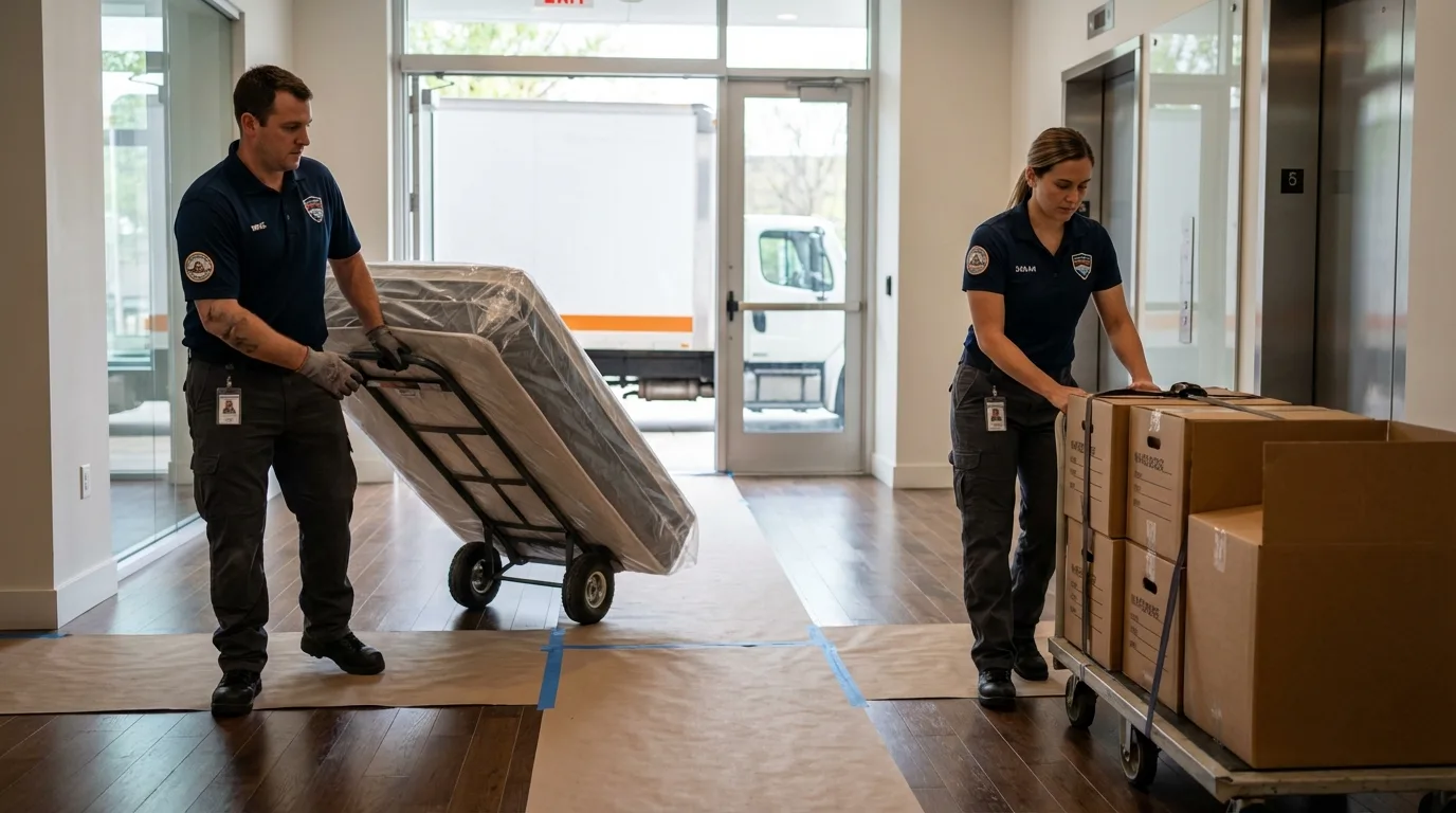 Professional apartment movers loading elevator in Petersburg, VA